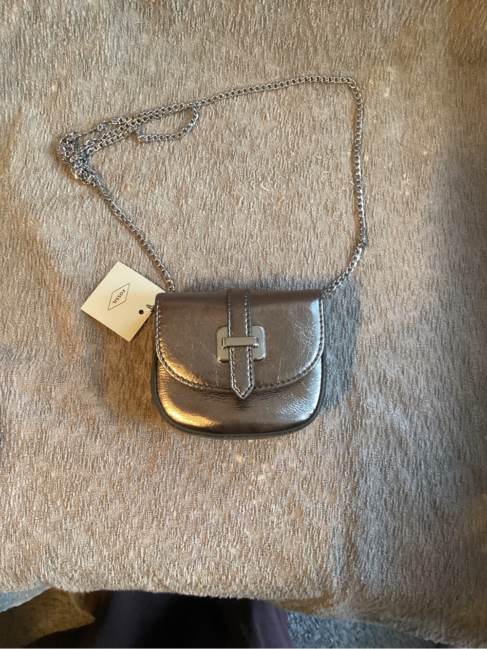 Fossil Metallic Silver Mini Crossbody with Chain Strap